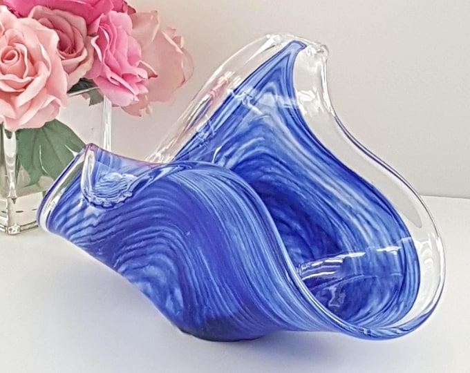 Cobalt Blue Blown Glass Art Handkerchief Bowl - Unique One of a Kind Centerpiece or Gift