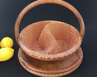 Vintage Collapsible Wooden Fruit Basket with Two Compartments, Floral Pattern
