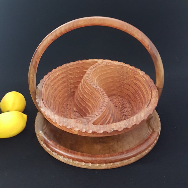 Vintage Collapsible Wooden Fruit Basket with Two Compartments, Floral Pattern