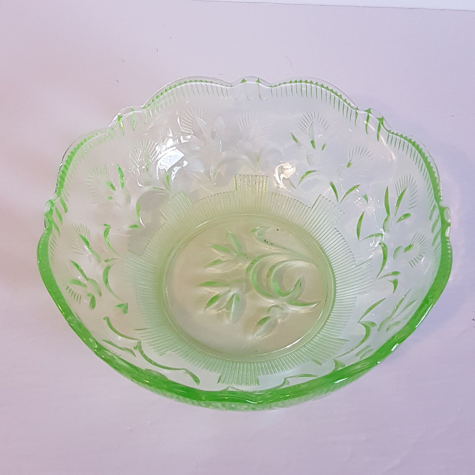 Vintage Uranium Glass Serving Bowl Thistle Pattern Fruit Etsy