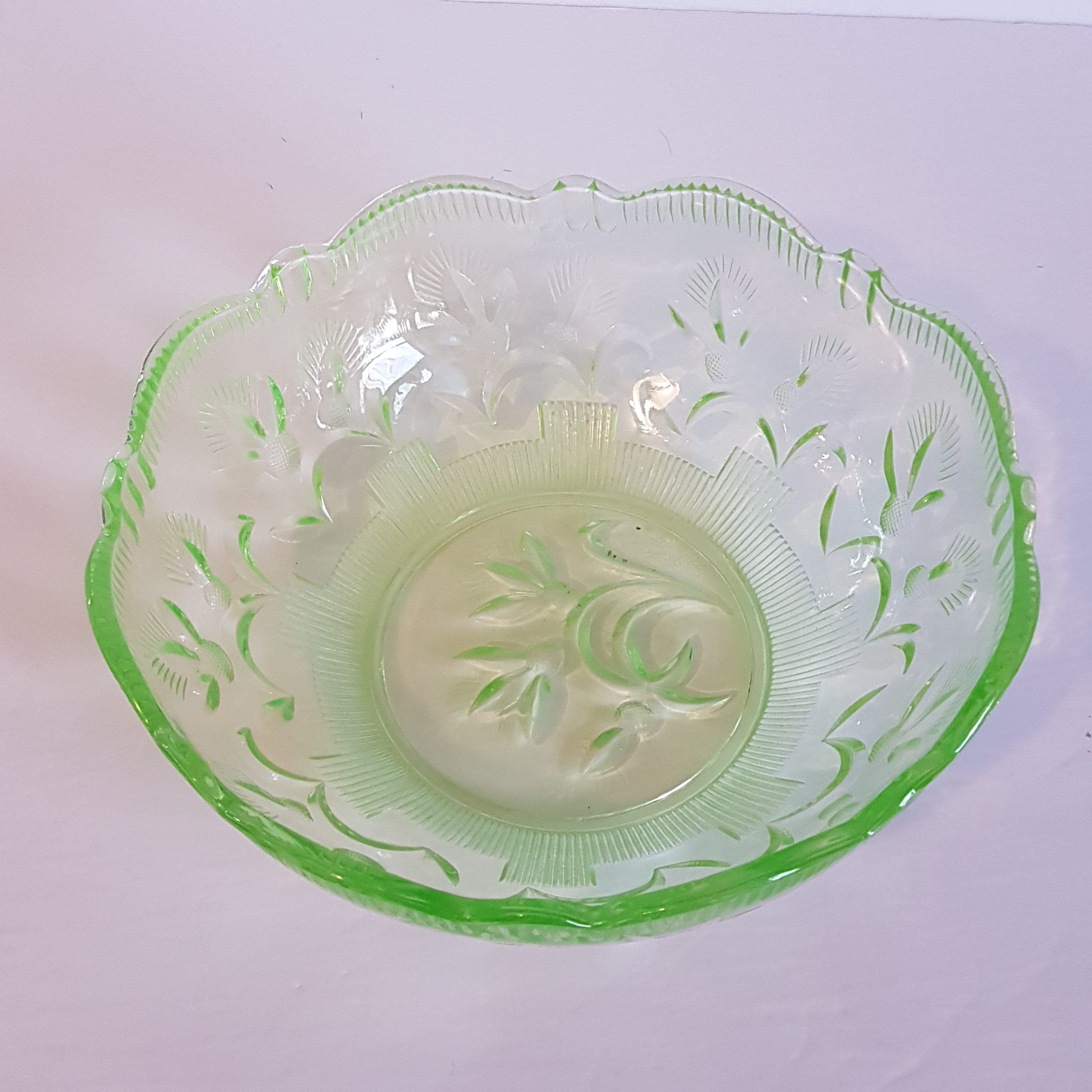 Vintage Uranium Glass Serving Bowl, Thistle Pattern, Fruit Salad Bowl