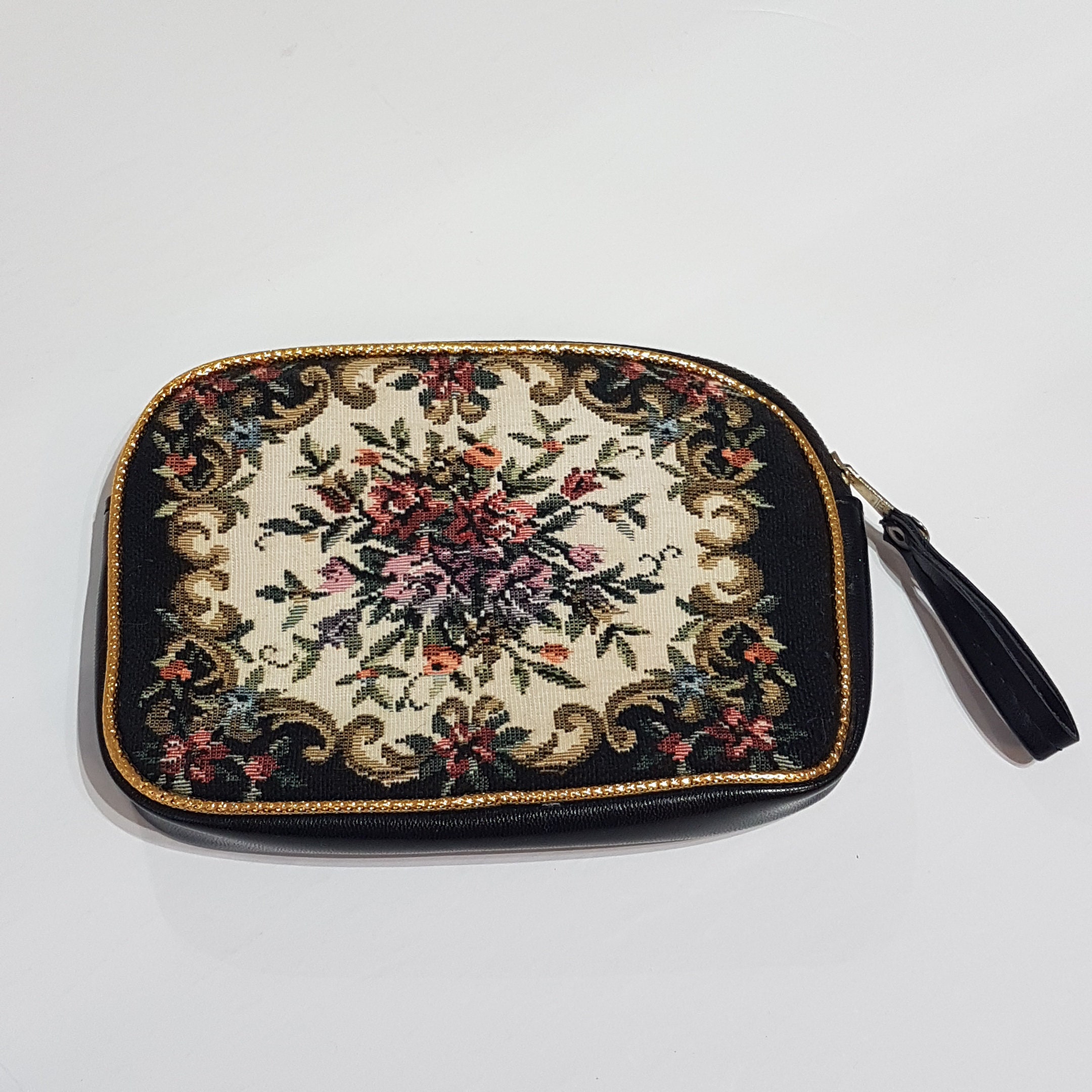 Romantic Floral Tapestry Evening Purse with Finger Strap, Hong Kong, 1960s
