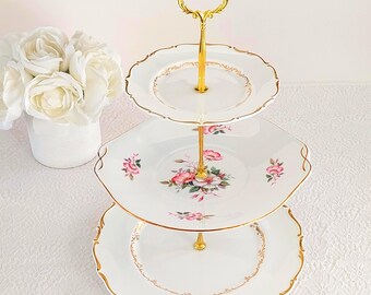 Mismatched 3-Tier Cake Stand, Vintage English Bone China, Handmade Floral Pink Gold Tea Tray
