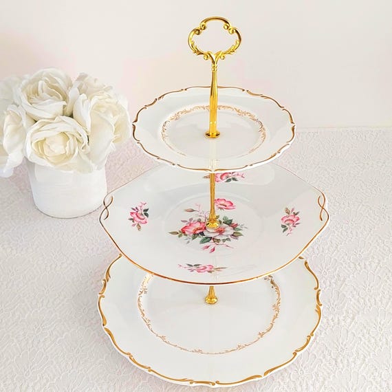 Mismatched 3-Tier Cake Stand, Vintage English Bone China, Handmade Floral Pink Gold Tea Tray