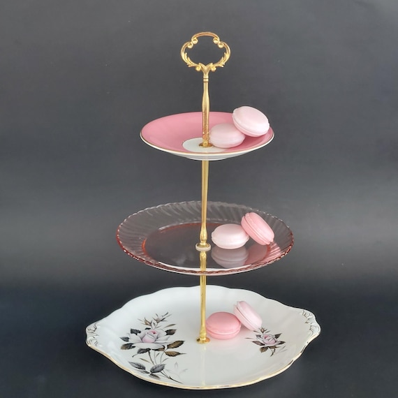 Mismatched Royal Albert 3-Tier Cake Stand, Pink Aynsley Glass Afternoon Tea Display