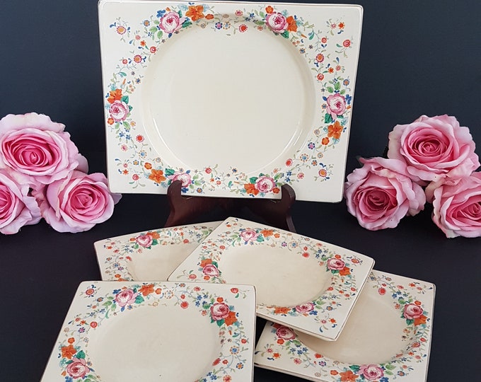 Clairce Cliff Royal Staffordshire THE BIARRITZ Plate Set of 5, Art Deco Mulicolor Floral Rectangle Plates, Made in England, 1930s