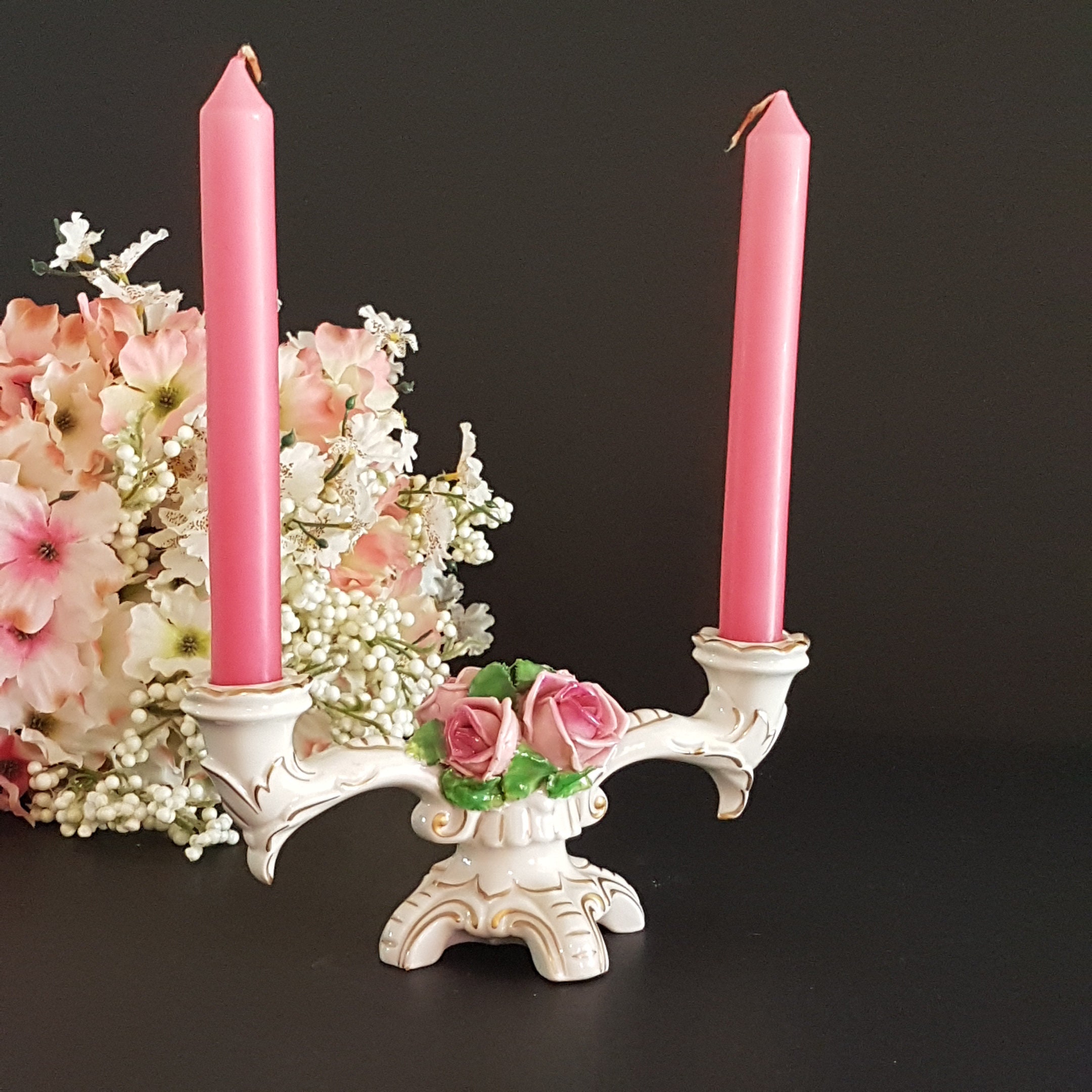 Porcelain Double Light Candlestick Holder, Pink Roses, Vintage Taper