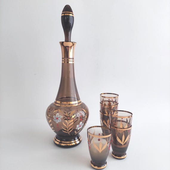Bohemian Brown Hand Painted Decanter Set with 6 Matching Shot Glasses