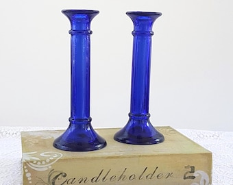 Cobalt Blue Recycled Glass Candle Holders, Made in Spain, Glass Taper Candlesticks, Housewarming Gift Idea