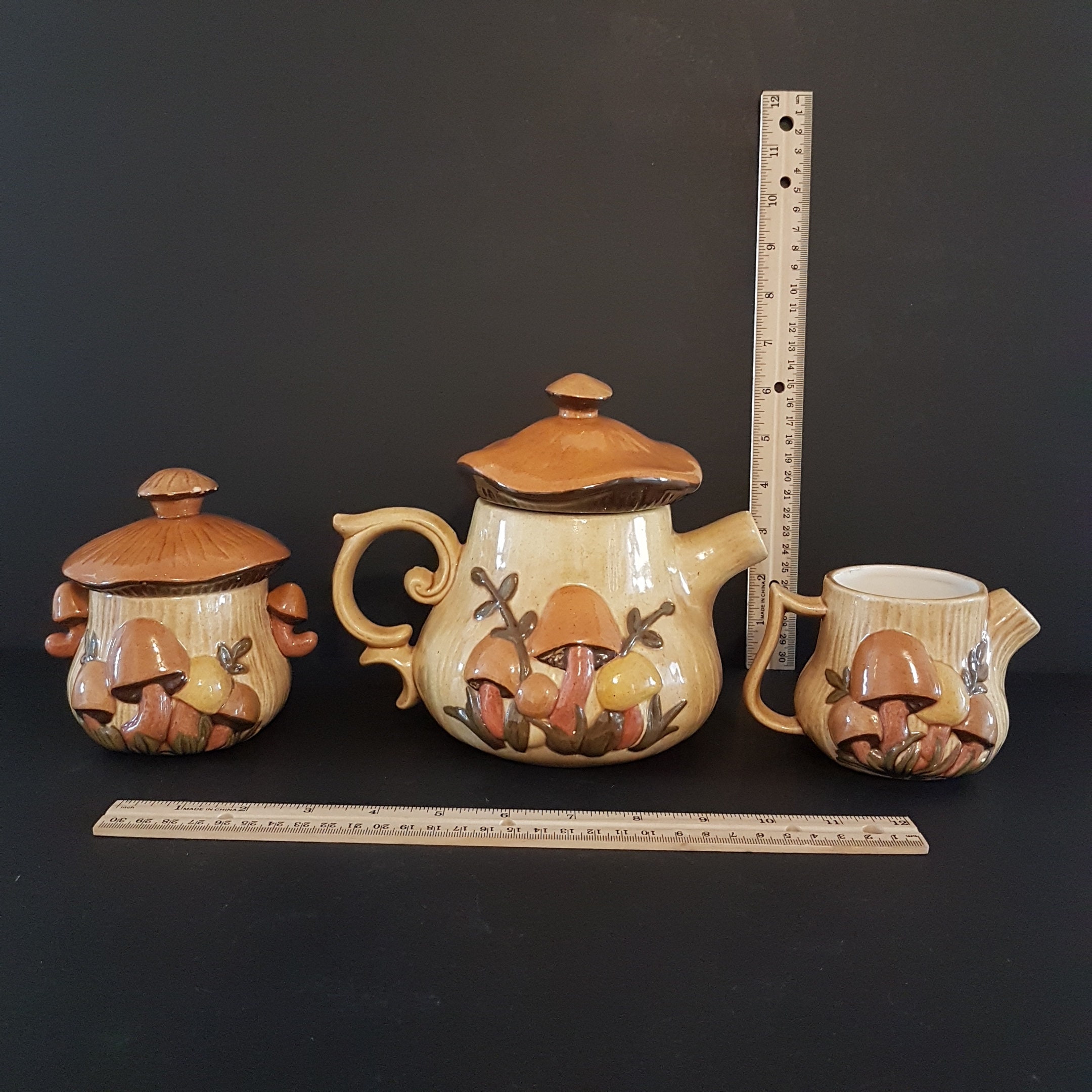 Arnel's Mushroom Pottery Tea Set, Mushroom Teapot Cream Sugar Set