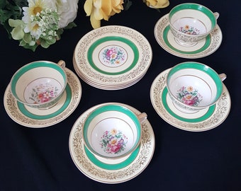 Tea Party for 4, Johnson Brothers PAREEK, Tea Cups, Saucers, Dessert Plates, Floral Center, Green Yellow Bands, Gold Filigree, 12 Piece Set