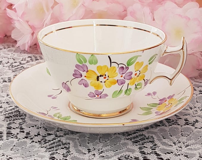 English Bone China Tea Cup and Saucer with Hand Painted Yellow Purple Flowers - Gift Options