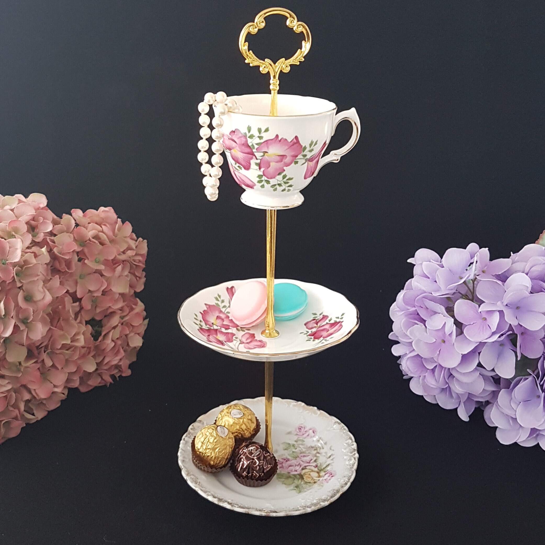 Upcycled Porcelain Tea Cup and Saucer Cake Stand, Small Shabby Chic Tiered Tray, Jewelry Trinket