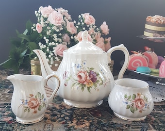 Vintage Sadler Windsor Tea Set, Teapot Creamer Sugar Bowl Set, 5 Cup Capacity, Floral, Swirled, Gold Trim, Made in China