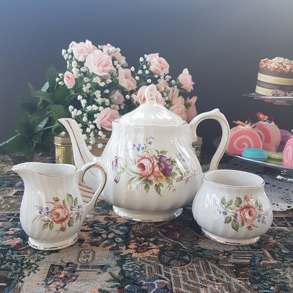 Vintage Sadler Windsor Tea Set: Floral Porcelain Teapot, Creamer & Sugar Bowl