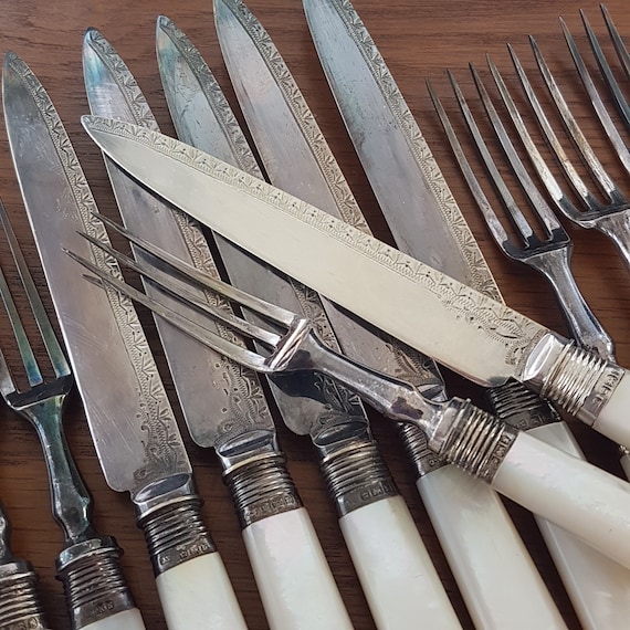 Antique Sterling Silver Fruit Flatware Set: Mother of Pearl, England, 1908