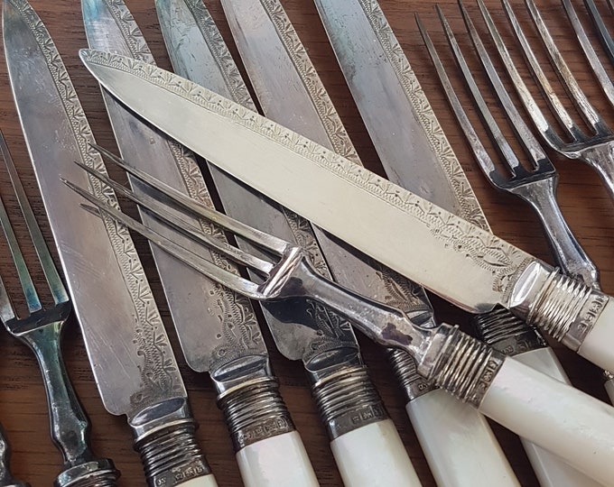 12pc Antique Sterling Silver Fruit Flatware Set: Mother of Pearl Handles, Wood Box, Oetzmann & Co, England 1908