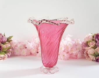 Vintage Pink Cranberry Blown Glass Flower Vase with Clear Pedestal Base, 10 Inch