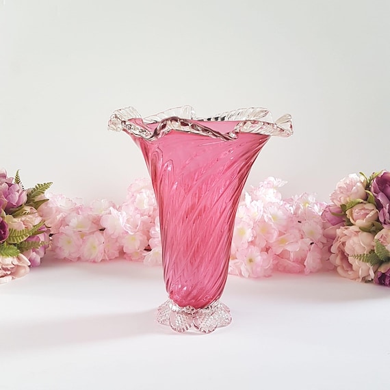 Vintage Pink Cranberry Blown Glass Flower Vase with Clear Pedestal Base, 10 Inch