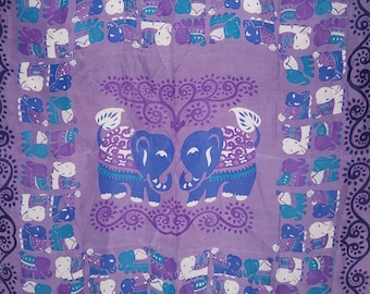 Vintage Purple Thai Silk Square Scarf - Traditional Blue Elephant Motif Boho Neck Wrap