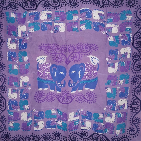 Vintage Purple Thai Silk Square Scarf - Traditional Blue Elephant Motif Boho Neck Wrap