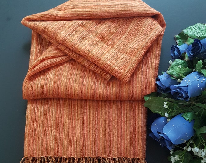 Large Scarf, Wool Orange Striped Shoulder Wrap, Blanket Scarf, 78 x 38 Table Cloth, Table Runner, Made in India