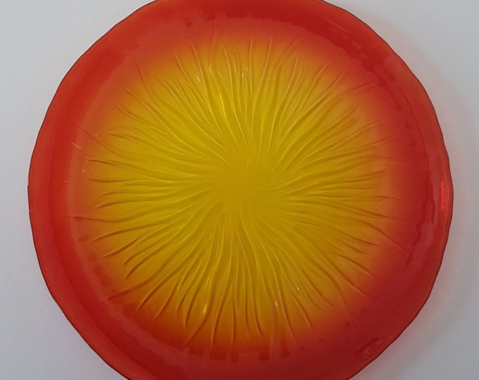 Amberina Glass Plates, Sets of 2 Vintage Dinner Plates, Orange Red Yellow Glass