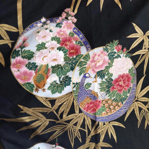 Authentic Sakurai Shoji Japanese Haori Jacket Black Gold Bamboo Floral 36" Kimono Robe Japan