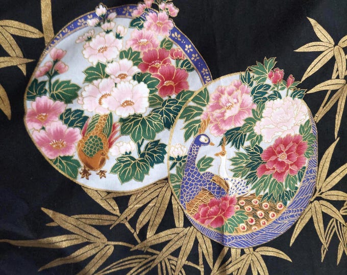 Authentic Sakurai Shoji Japanese Haori Jacket Black Gold Bamboo Floral 36" Kimono Robe Japan