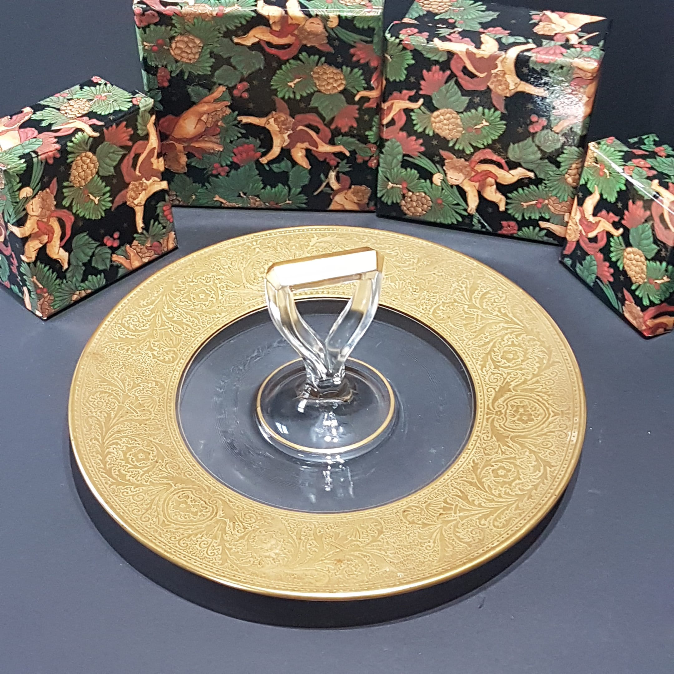 Vintage Clear Glass Single Handle Serving Plate Thick Gold Embossed