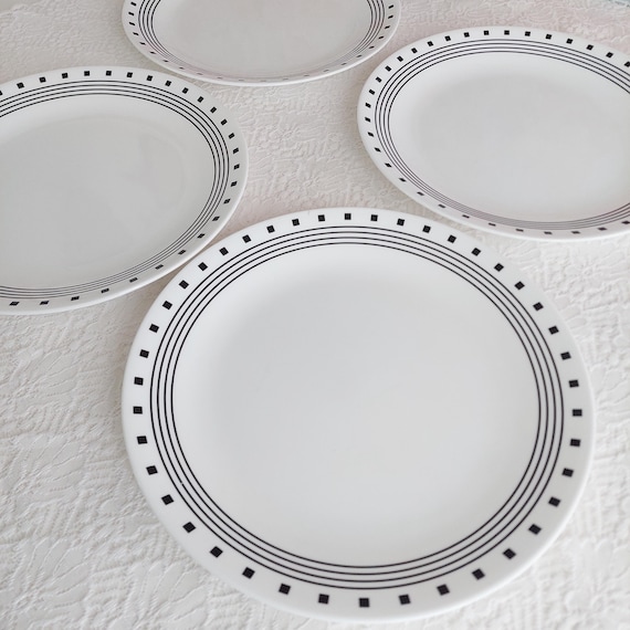 Vintage Corelle City Block Dinner Plates – Black White Geometric Minimalist Tableware Replacement Vitrelle Plates