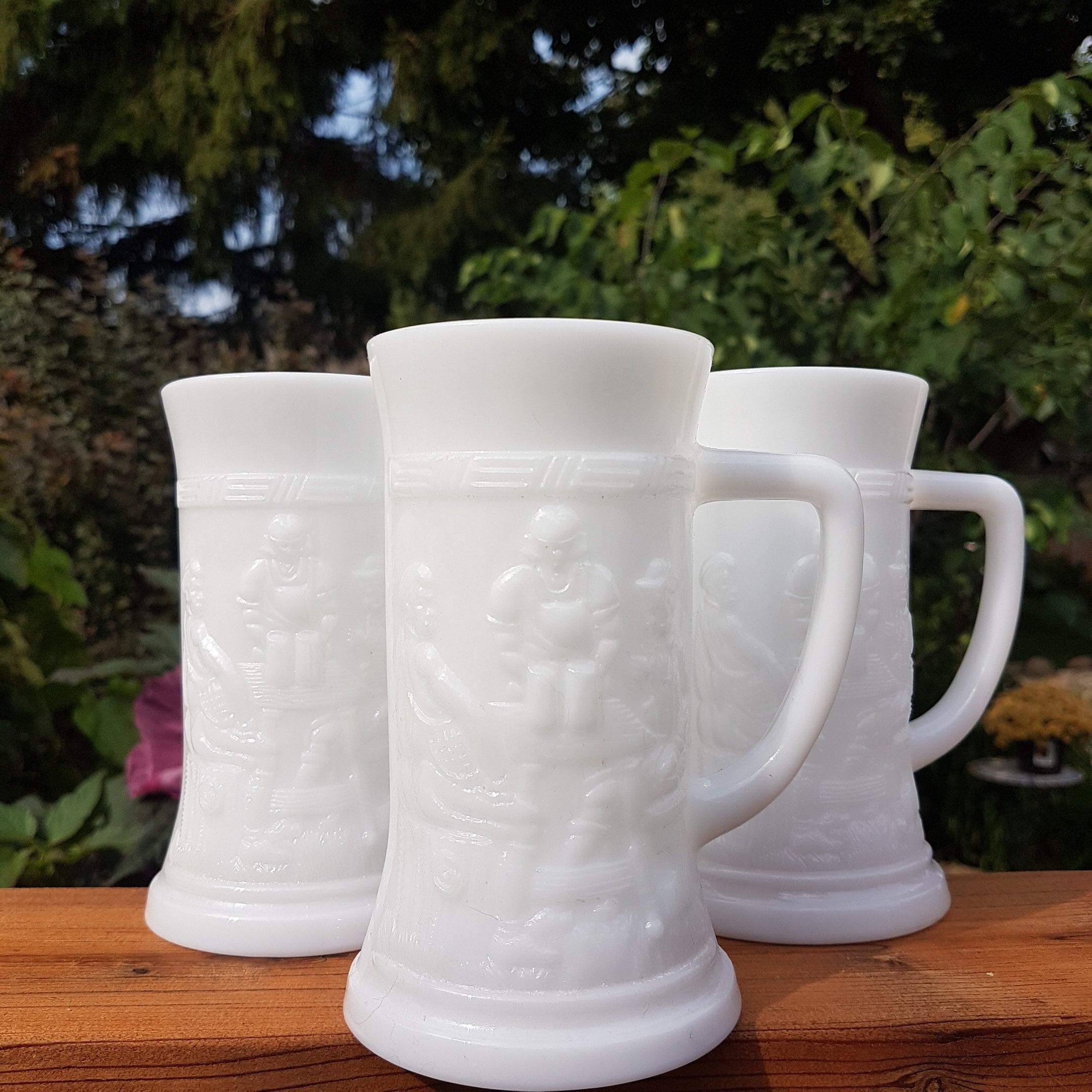 Set of 3 Vintage Milk Glass Beer Steins, Embossed Tavern Scene