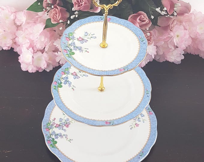 Royal Albert Bone China 3 Tier Cake Stand: Blue Harebell Tiered Dessert Tray