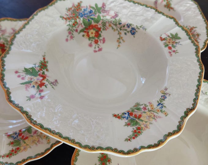 Myott Devon Square Rimmed Soup Bowls Set of 4 Vintage Staffordshire Floral Pattern Dinnerware