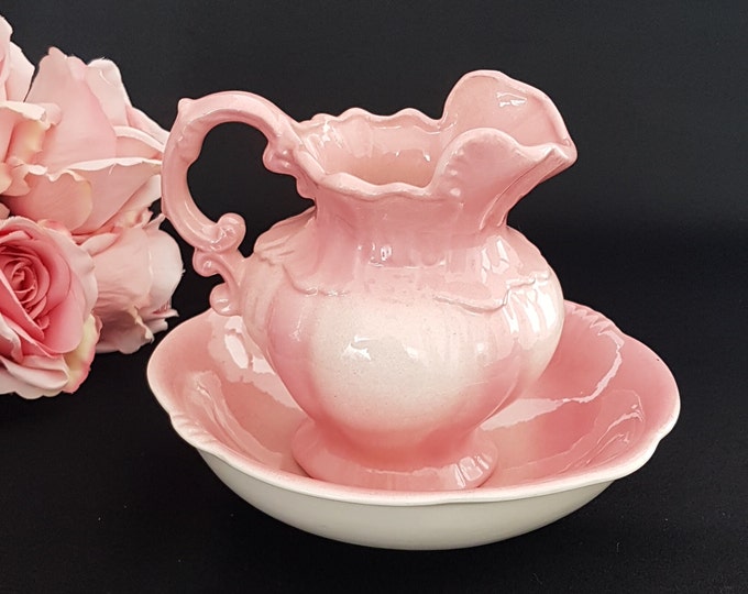 Arnels Pink Ceramic Wash Set, Arnels Pottery, Vintage Victorian Decor, Small Pottery Wash Set, Jug Ewer and Bowl