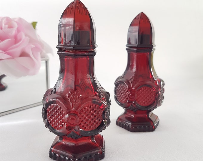 Vintage Avon Cape Cod Collection, Ruby Red Glass Salt and Pepper Shaker Set, 1970s