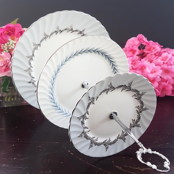 Handmade Bone China Cake Stand: Gray & Silver 3-Tier Serving Tray