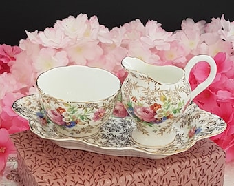 James Kent Vintage Gardens Bone China Cream and Sugar Set with Tray England