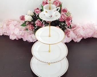 Limoges 3 Tier Cake Stand White Floral Tiered Plate Dessert Stand with Tea Cup Topper