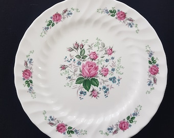 Vintage Wood & Sons BRIAR ROSE Dinner Plates, Sets of 2 English Ironstone, Pink Rose, Swirl Rim, Made in England, 1970s