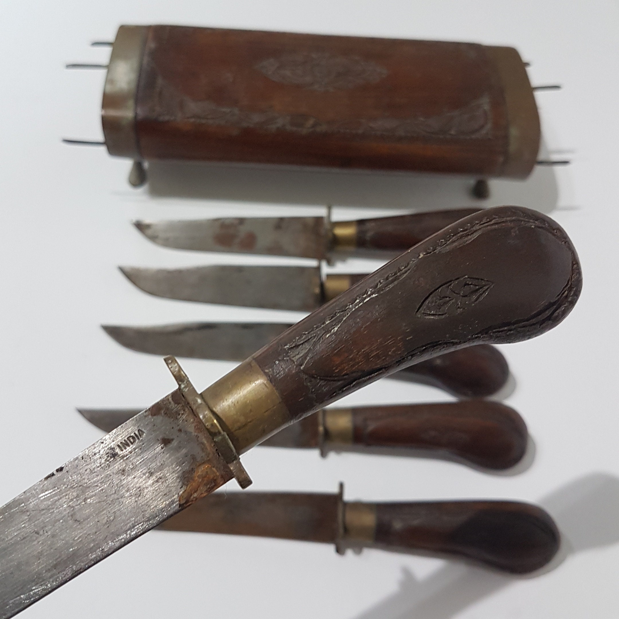 Vintage Ornate 6pc Steak Knife Set, Wooden Hand Carved Handles with