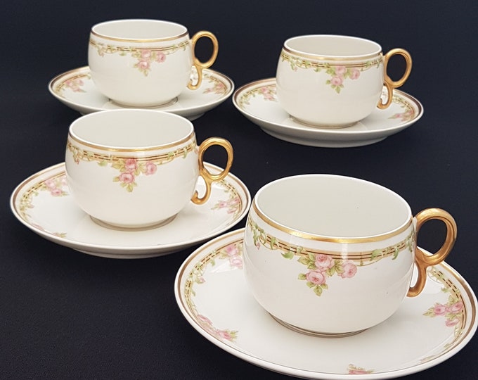 Antique Limoges Tea Cup and Saucer Set for 4, Elite Works, Bawo and Dotter,  Pattern BWD114, Made in France, 1920s