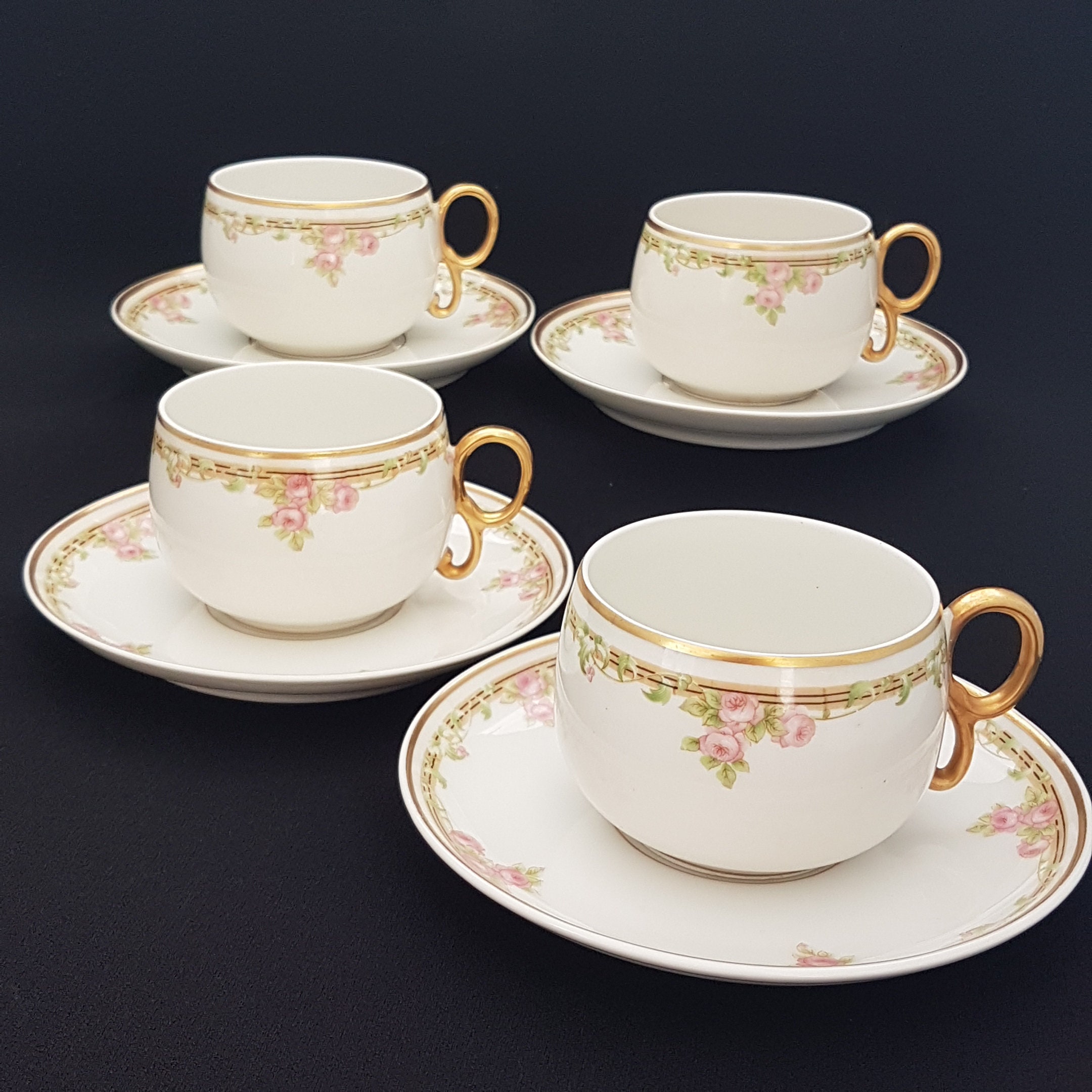 Antique Limoges Tea Cup and Saucer Set for 4, Elite Works, Bawo and ...