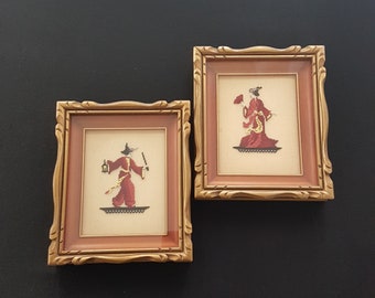 Pair of Framed Petit Point Embroidery Woman in Red Kimono and Man in Red Kimono