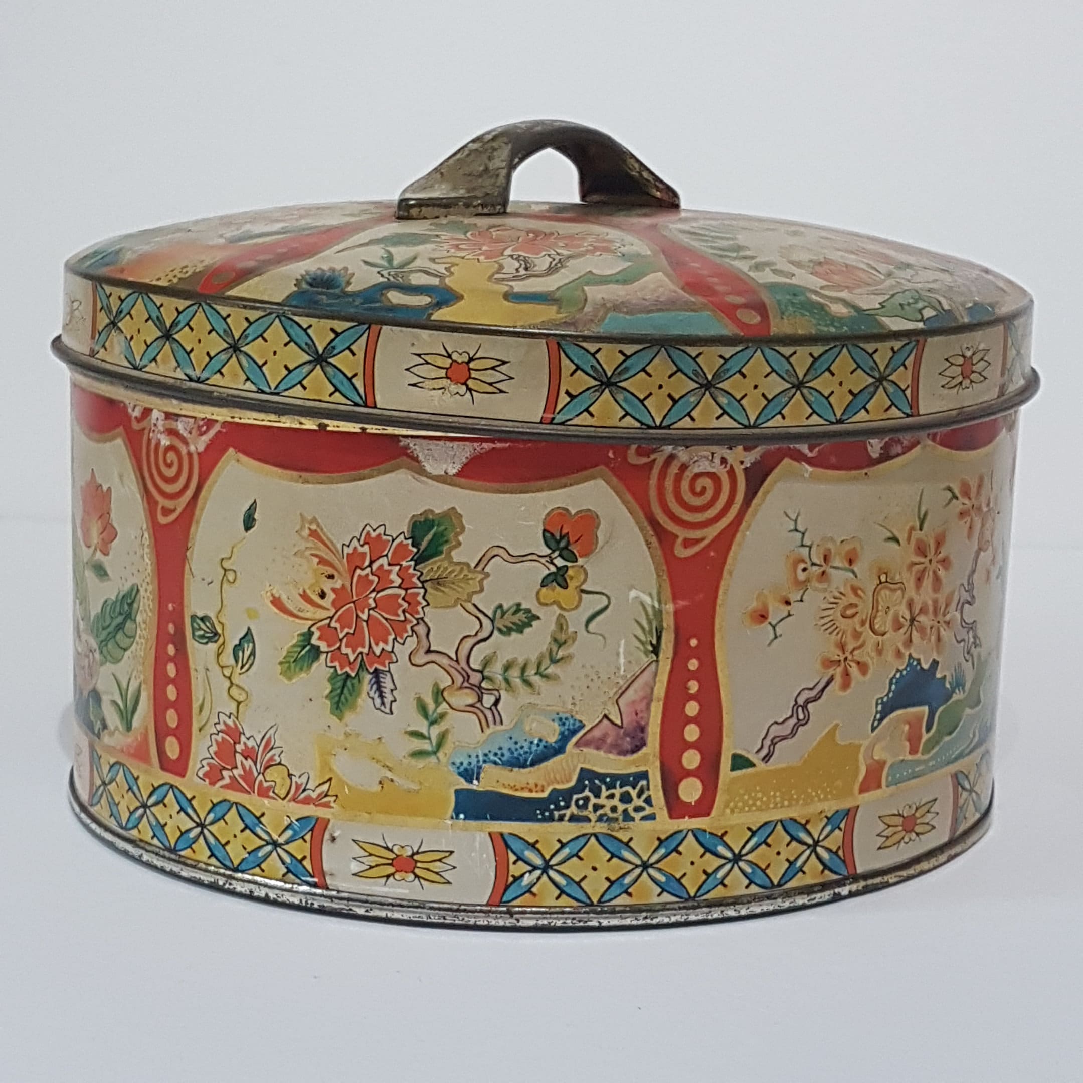 Vintage Gray Dunn Biscuit Round Tin Box, Lid with Handle, Asian Theme