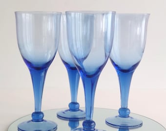 Hand Blown Cobalt Blue Wine Glasses Set of 4 Artisan Stemware