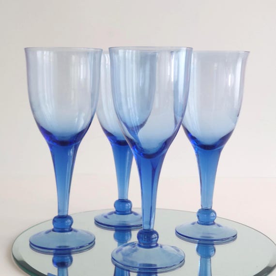 Vintage Hand Blown Cobalt Blue Wine Glasses Set of 4 Artisan Stemware