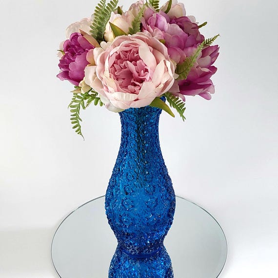Vintage Mid Century Capri Blue Oberglas Textured Flower Power 10-Inch Art Glass Bouquet Vase