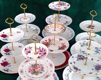 Handcrafted 3-Tier Vintage Bone China Cake Stand - Elegant Floral Mismatched High Tea Party Server