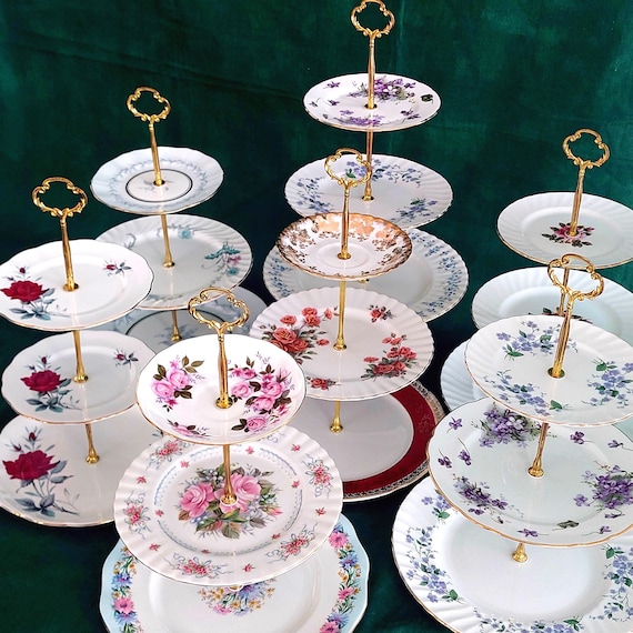 Handcrafted 3-Tier Vintage Bone China Cake Stand - Elegant Floral Mismatched High Tea Party Server